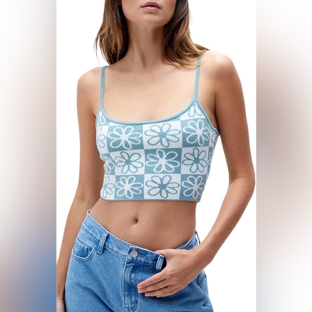 PacSun green and white floral checkered pattern tank top